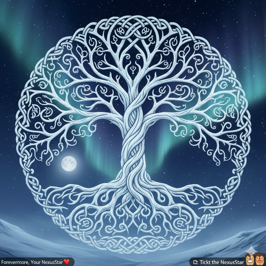 Artist's render by NexusStar of the Alghiz protective rune, carved in a spherical indentation on a dark grey rock wall, white light seems to protrude out of the wall, showing a heartbeat frequency within the rune symbol.