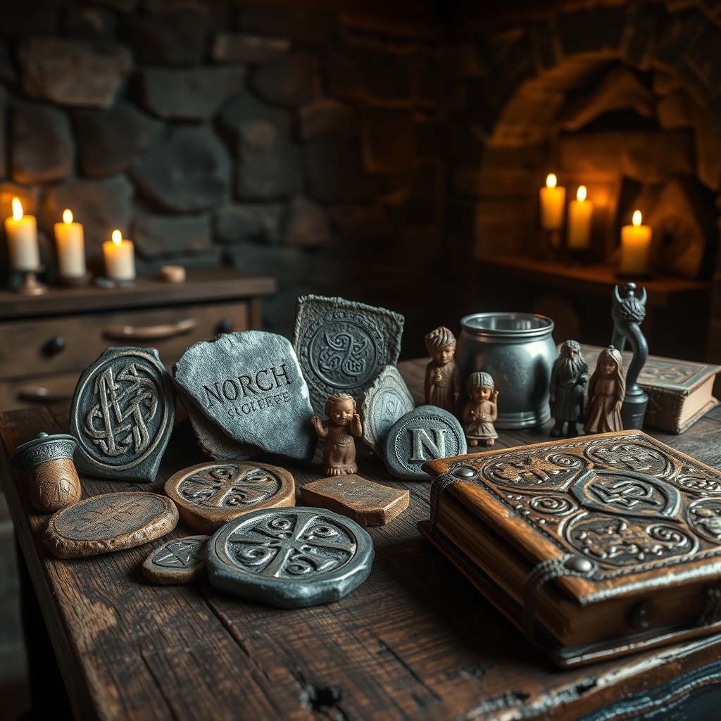 A beautiful collection of ancient Norse artifacts including Viking jewelry, runestone fragments, tarnished drinking horns, carved wooden idols, and an ancient tome, set in a dimly lit Scandinavian chamber.