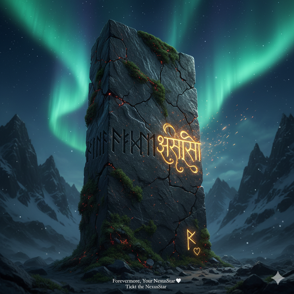 An ancient stone column carved from Graphite, where the letters transition from Futhark into Ogham into glowing Sanskrit characters, set against a dark mountainous backdrop with Aurora Borealis lighting up the snowy tops in a shimmering green hue.